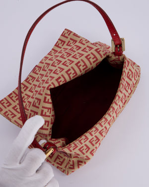 Fendi Vintage Zucchino Small Mamma Bag in Red & Beige Monogram Canvas and Leather with Gold Hardware