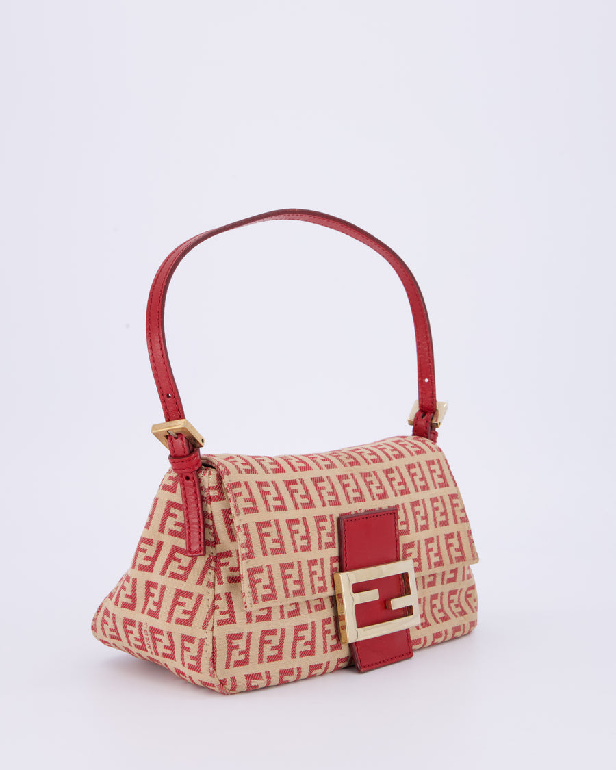 Fendi Vintage Zucchino Small Mamma Bag in Red & Beige Monogram Canvas and Leather with Gold Hardware
