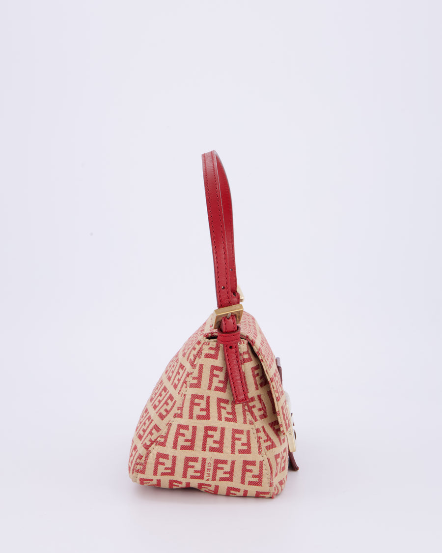 Fendi Vintage Zucchino Small Mamma Bag in Red & Beige Monogram Canvas and Leather with Gold Hardware
