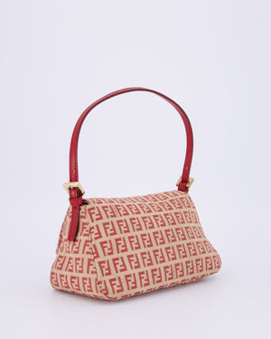 Fendi Vintage Zucchino Small Mamma Bag in Red & Beige Monogram Canvas and Leather with Gold Hardware