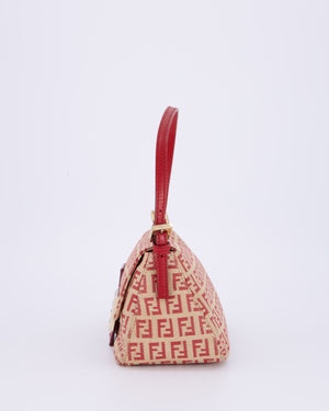 Fendi Vintage Zucchino Small Mamma Bag in Red & Beige Monogram Canvas and Leather with Gold Hardware