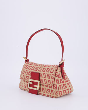 Fendi Vintage Zucchino Small Mamma Bag in Red & Beige Monogram Canvas and Leather with Gold Hardware