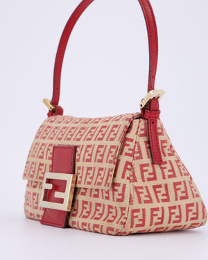 Fendi Vintage Zucchino Small Mamma Bag in Red & Beige Monogram Canvas and Leather with Gold Hardware