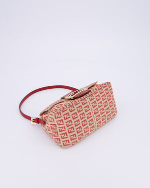 Fendi Vintage Zucchino Small Mamma Bag in Red & Beige Monogram Canvas and Leather with Gold Hardware