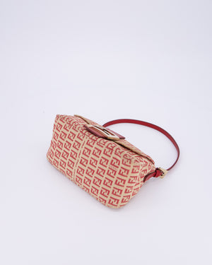 Fendi Vintage Zucchino Small Mamma Bag in Red & Beige Monogram Canvas and Leather with Gold Hardware