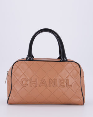 Chanel Caramel Brown Vintage Mini Bowling Bag in Caviar Leather with Black Patent Leather Handles and Ruthenium Hardware