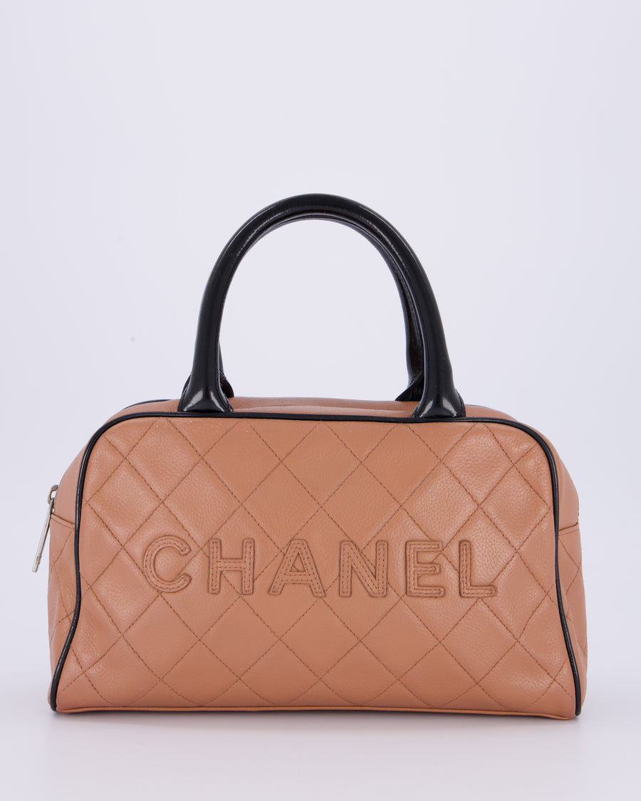 Chanel Caramel Brown Vintage Mini Bowling Bag in Caviar Leather with Black Patent Leather Handles and Ruthenium Hardware