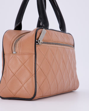 Chanel Caramel Brown Vintage Mini Bowling Bag in Caviar Leather with Black Patent Leather Handles and Ruthenium Hardware