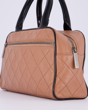 Chanel Caramel Brown Vintage Mini Bowling Bag in Caviar Leather with Black Patent Leather Handles and Ruthenium Hardware