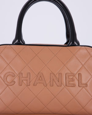 Chanel Caramel Brown Vintage Mini Bowling Bag in Caviar Leather with Black Patent Leather Handles and Ruthenium Hardware