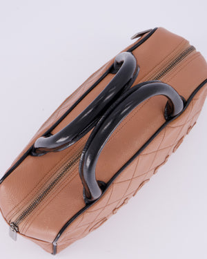 Chanel Caramel Brown Vintage Mini Bowling Bag in Caviar Leather with Black Patent Leather Handles and Ruthenium Hardware