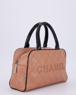 Chanel Caramel Brown Vintage Mini Bowling Bag in Caviar Leather with Black Patent Leather Handles and Ruthenium Hardware