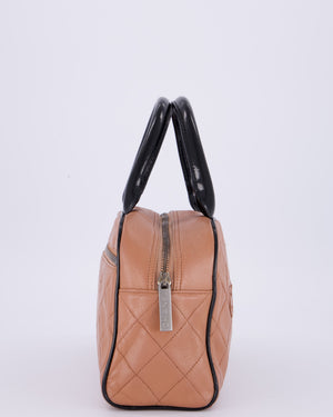 Chanel Caramel Brown Vintage Mini Bowling Bag in Caviar Leather with Black Patent Leather Handles and Ruthenium Hardware