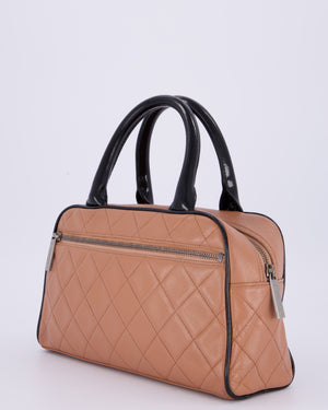 Chanel Caramel Brown Vintage Mini Bowling Bag in Caviar Leather with Black Patent Leather Handles and Ruthenium Hardware