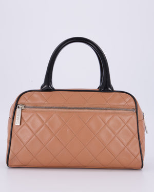 Chanel Caramel Brown Vintage Mini Bowling Bag in Caviar Leather with Black Patent Leather Handles and Ruthenium Hardware