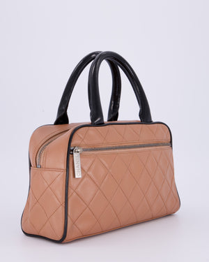 Chanel Caramel Brown Vintage Mini Bowling Bag in Caviar Leather with Black Patent Leather Handles and Ruthenium Hardware