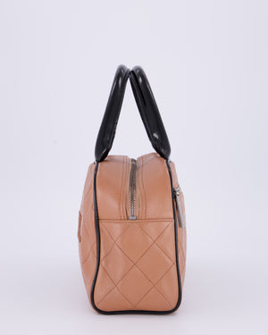 Chanel Caramel Brown Vintage Mini Bowling Bag in Caviar Leather with Black Patent Leather Handles and Ruthenium Hardware