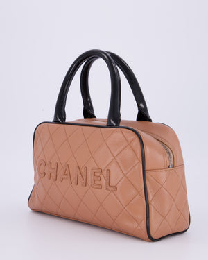 Chanel Caramel Brown Vintage Mini Bowling Bag in Caviar Leather with Black Patent Leather Handles and Ruthenium Hardware
