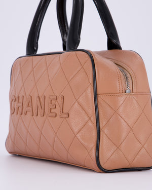 Chanel Caramel Brown Vintage Mini Bowling Bag in Caviar Leather with Black Patent Leather Handles and Ruthenium Hardware