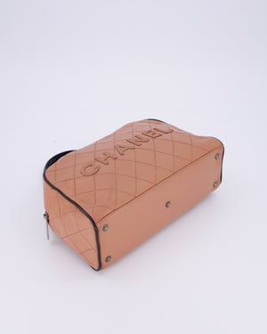 Chanel Caramel Brown Vintage Mini Bowling Bag in Caviar Leather with Black Patent Leather Handles and Ruthenium Hardware