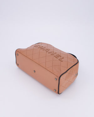 Chanel Caramel Brown Vintage Mini Bowling Bag in Caviar Leather with Black Patent Leather Handles and Ruthenium Hardware