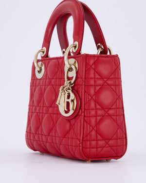 Christian Dior Mini Lady Dior Bag In Strawberry Red Lambskin Leather and Champagne Gold Hardware RRP £4,200