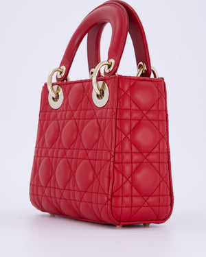 Christian Dior Mini Lady Dior Bag In Strawberry Red Lambskin Leather and Champagne Gold Hardware RRP £4,200