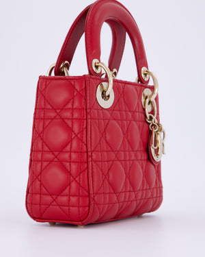 Christian Dior Mini Lady Dior Bag In Strawberry Red Lambskin Leather and Champagne Gold Hardware RRP £4,200