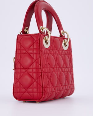 Christian Dior Mini Lady Dior Bag In Strawberry Red Lambskin Leather and Champagne Gold Hardware RRP £4,200