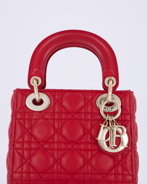 Christian Dior Mini Lady Dior Bag In Strawberry Red Lambskin Leather and Champagne Gold Hardware RRP £4,200