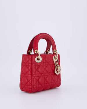 Christian Dior Mini Lady Dior Bag In Strawberry Red Lambskin Leather and Champagne Gold Hardware RRP £4,200