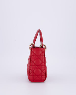 Christian Dior Mini Lady Dior Bag In Strawberry Red Lambskin Leather and Champagne Gold Hardware RRP £4,200
