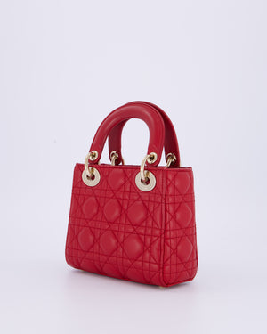 Christian Dior Mini Lady Dior Bag In Strawberry Red Lambskin Leather and Champagne Gold Hardware RRP £4,200