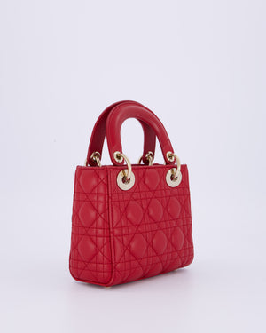 Christian Dior Mini Lady Dior Bag In Strawberry Red Lambskin Leather and Champagne Gold Hardware RRP £4,200