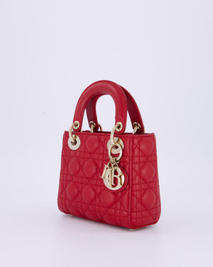 Christian Dior Mini Lady Dior Bag In Strawberry Red Lambskin Leather and Champagne Gold Hardware RRP £4,200