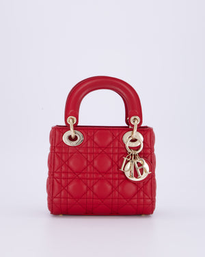 Christian Dior Mini Lady Dior Bag In Strawberry Red Lambskin Leather and Champagne Gold Hardware RRP £4,200