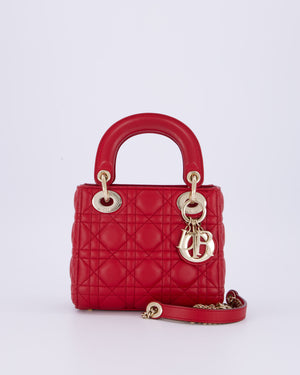 Christian Dior Mini Lady Dior Bag In Strawberry Red Lambskin Leather and Champagne Gold Hardware RRP £4,200