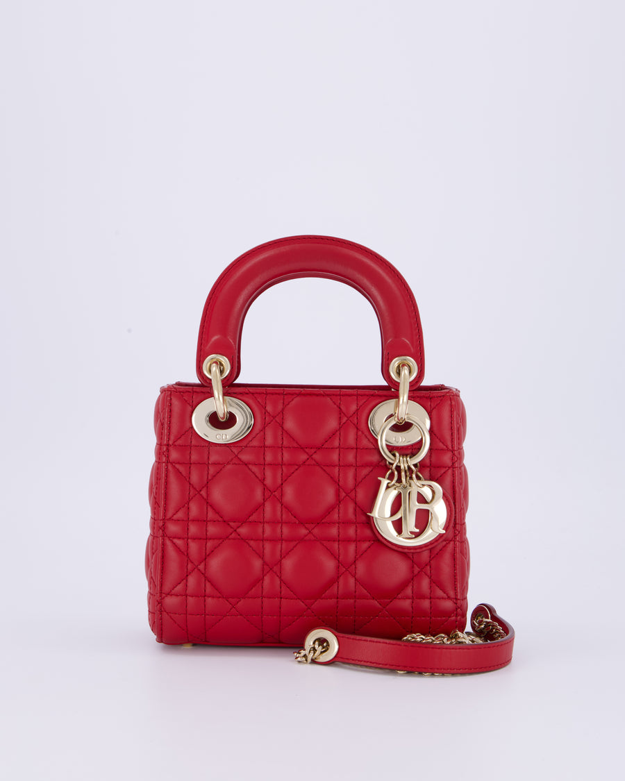 Christian Dior Mini Lady Dior Bag In Strawberry Red Lambskin Leather and Champagne Gold Hardware RRP £4,200