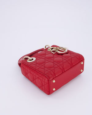 Christian Dior Mini Lady Dior Bag In Strawberry Red Lambskin Leather and Champagne Gold Hardware RRP £4,200