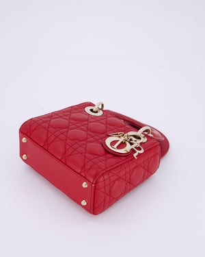 Christian Dior Mini Lady Dior Bag In Strawberry Red Lambskin Leather and Champagne Gold Hardware RRP £4,200