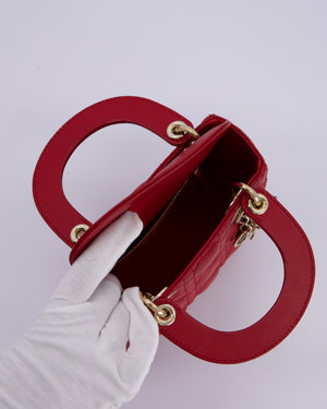 Christian Dior Mini Lady Dior Bag In Strawberry Red Lambskin Leather and Champagne Gold Hardware RRP £4,200