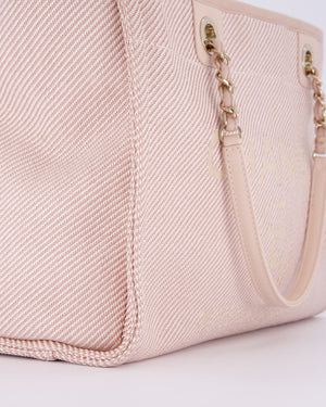 Chanel Small Canvas Deauville Tote Bag In Light Pink and Cream Canvas with Champagne Gold Hardware