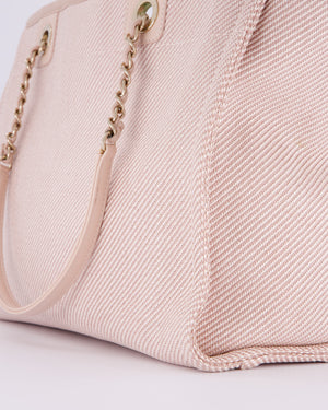 Chanel Small Canvas Deauville Tote Bag In Light Pink and Cream Canvas with Champagne Gold Hardware