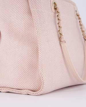 Chanel Small Canvas Deauville Tote Bag In Light Pink and Cream Canvas with Champagne Gold Hardware
