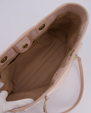 Chanel Small Canvas Deauville Tote Bag In Light Pink and Cream Canvas with Champagne Gold Hardware