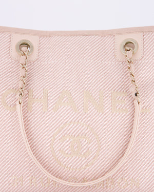 Chanel Small Canvas Deauville Tote Bag In Light Pink and Cream Canvas with Champagne Gold Hardware