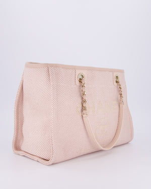 Chanel Small Canvas Deauville Tote Bag In Light Pink and Cream Canvas with Champagne Gold Hardware