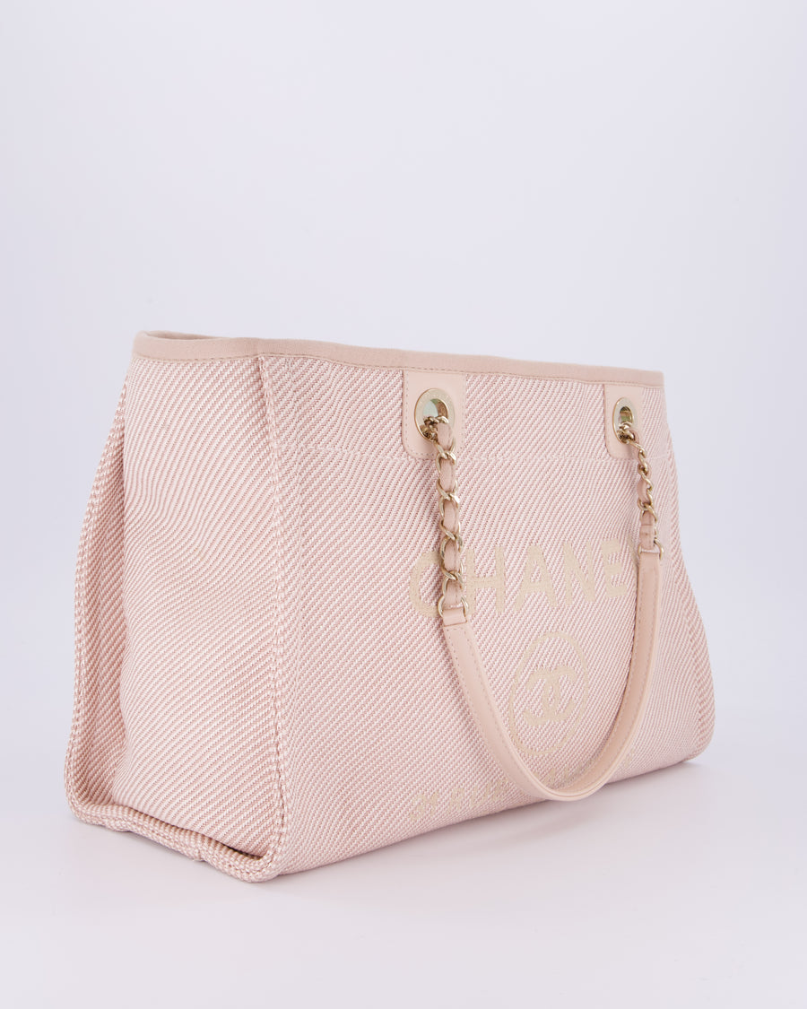 Chanel Small Canvas Deauville Tote Bag In Light Pink and Cream Canvas with Champagne Gold Hardware