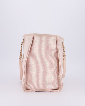 Chanel Small Canvas Deauville Tote Bag In Light Pink and Cream Canvas with Champagne Gold Hardware