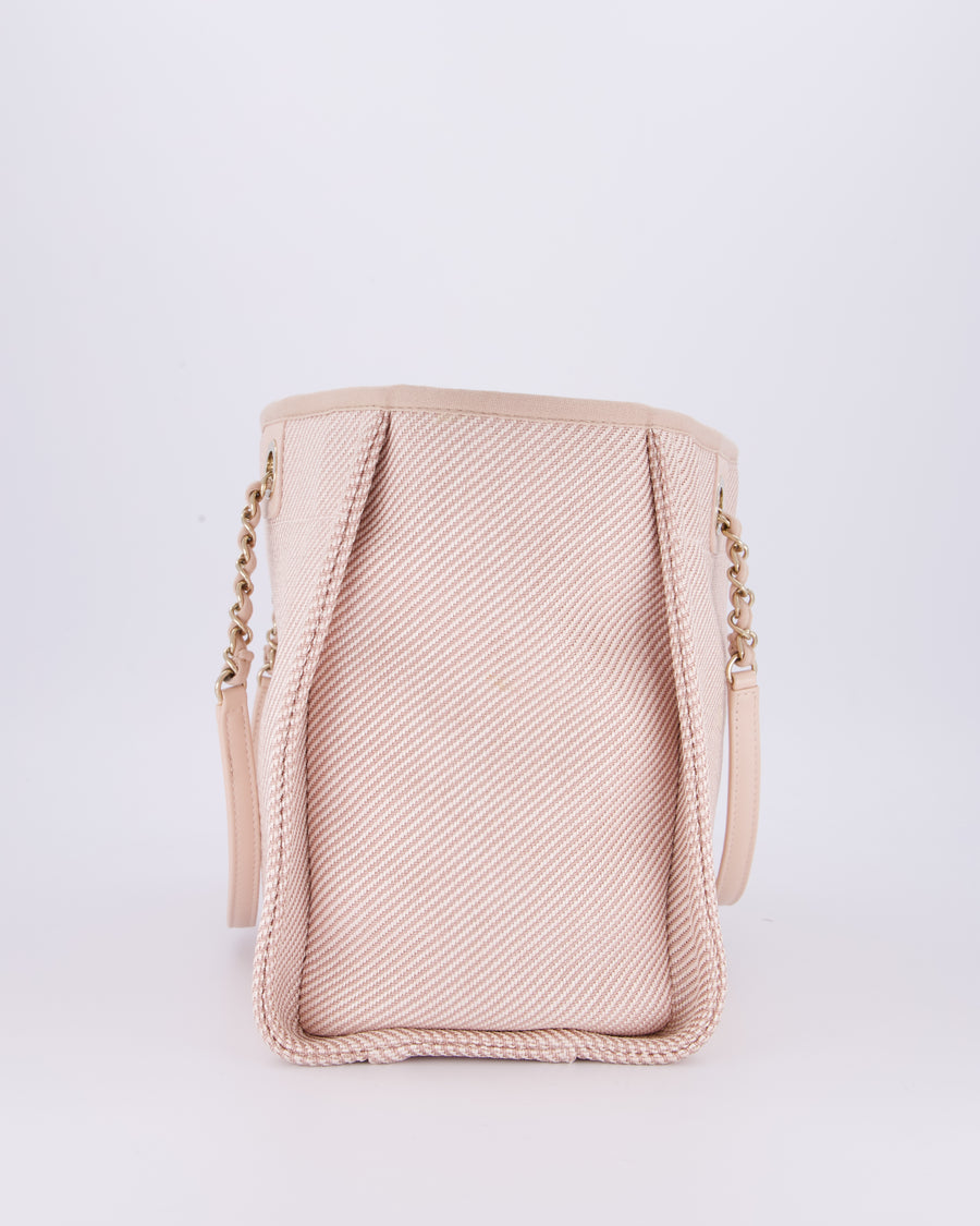 Chanel Small Canvas Deauville Tote Bag In Light Pink and Cream Canvas with Champagne Gold Hardware